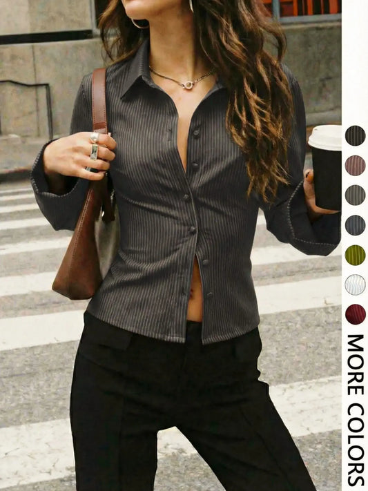 Women'S All-Over Striped Print Button Front Blouse, Casual Long Sleeve Top for Spring & Fall, Ladies Clothes for Daily Wear, Casual Fashion Shirt