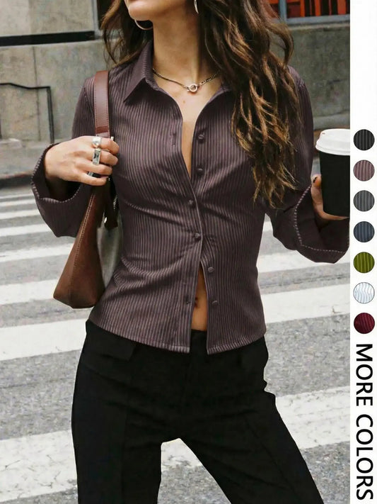 Women'S All-Over Striped Print Button Front Blouse, Casual Long Sleeve Top for Spring & Fall, Ladies Clothes for Daily Wear, Casual Fashion Shirt